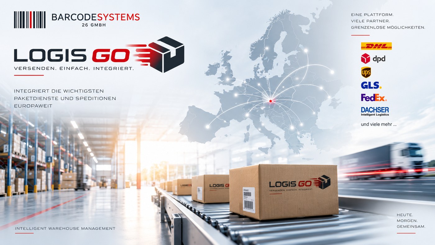 LOGIS GO – Versenden. Einfach. Integriert. Karte von Europa mit Verbindungslinien, daneben die Logos von DHL, DPD, UPS, GLS, FedEx und DACHSER