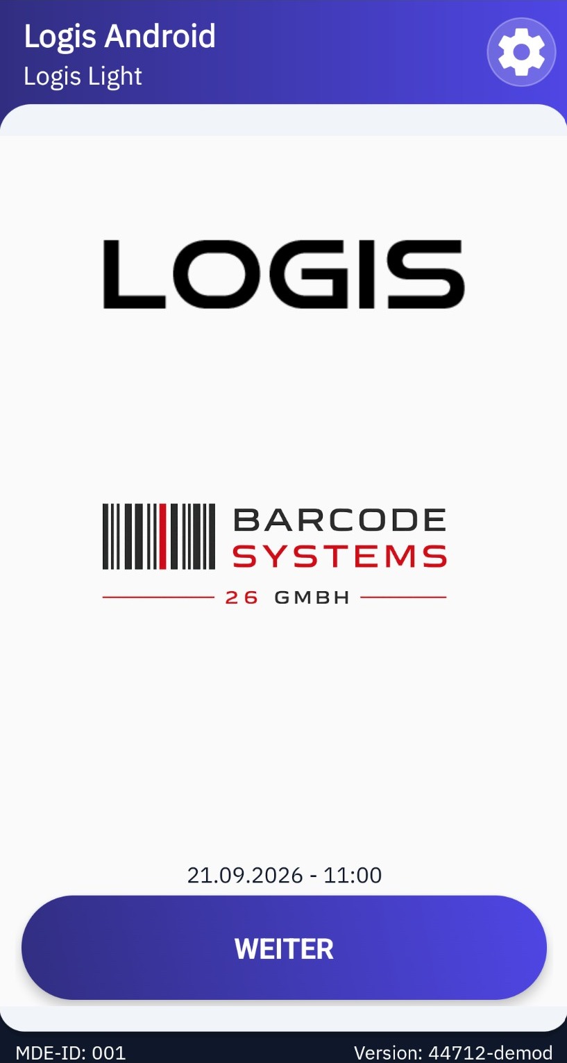 LOGIS Light am MDE-Gerät: Startbildschirm der App mit dem Logo der Barcodesystems 26 GmbH